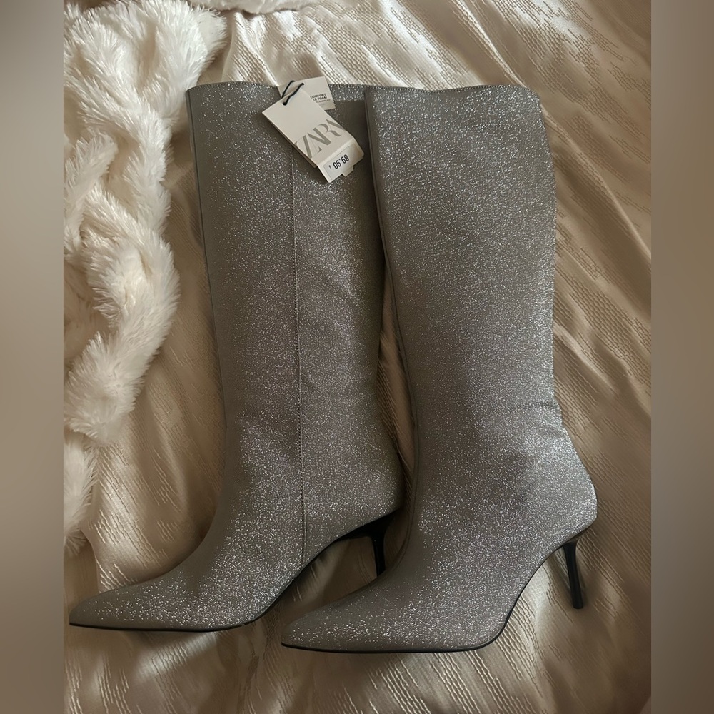 Zara Silver Glitter Knee High Heel Boots
